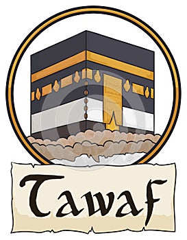 Kaaba inside Button and Scroll Commemorating Tawaf Ritual for Hajj, Vector Illustration photo