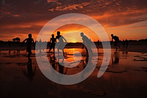 kabaddi players practicing in a sandy field at sunset