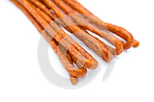 Kabanos, typical Polish lean sausage dried meat isolated on a white background