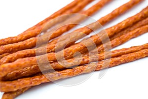 Kabanos, typical Polish lean sausage dried meat isolated on a white background