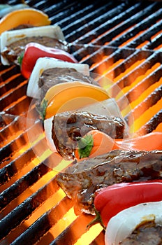 Kabob on BBQ grill with hot flames