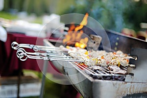 Kabobs grilled with vegetables on metal skewers