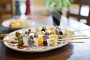 kabobs with olives and feta cheese cubes on skewers