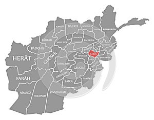 Kabol red highlighted in map of Afghanistan