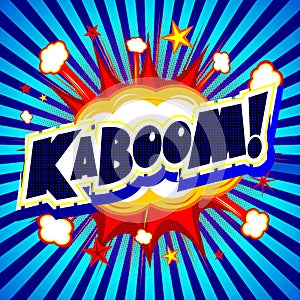 Kaboom - explosion illustration - blue background with stripes