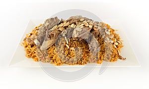 Kabsa with cooked meats in white background - Mandi Rice Kabsah with Meats - Mandi Meats photo