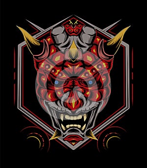 Kabuki mask illustration. red devil face illustration.  head of red demon. japanese demon mask