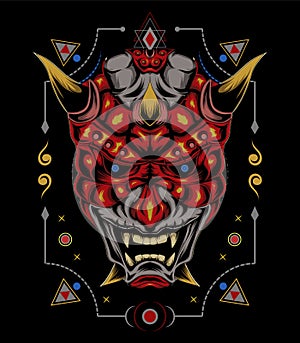 Kabuki mask illustration. red devil face illustration.  head of red demon. japanese demon mask