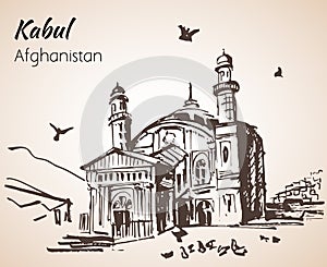 Kabul, capital of Afganistan. Shah-e Doh Shamshira Mosque. Sketch.