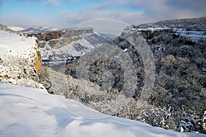 The Kachi-Kalion cave monastery view from the Crimean Kyzyl-Burun mountain in winter