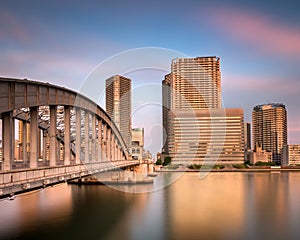 Kachidoki Bridge and Sumida River at Sunset, Tokyo