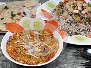 Kadai veg curry, mixed fried rice, butter naan
