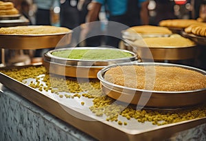 kadayif tray arab marketSelective focus kunafa cheese Sweet dessert kunefe powder pistachio