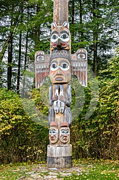 Kadjuk Bird Totem Pole at Totem Bight State Historical Park, Ketchikan, Alaska.