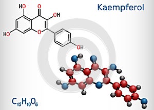 Kaempferol. C15H10O6 molecule. It is antioxidant, natural flavonol, type of flavonoid. Structural chemical formula and molecule