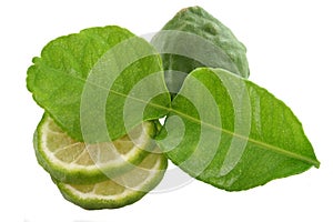 Kaffir lime with leaf isolated on white photo