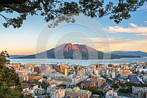 Kagoshima, Japan skyline with Sakurajima Volcano