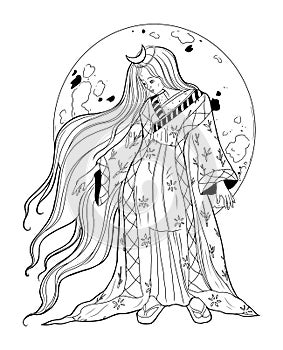 Kaguya Hime on the Moon background. Fairytale character design.