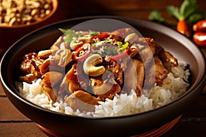 Kai Med Ma Muang chicken with cashew nuts and white rice Thailand food AI generated