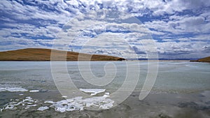 Fozen River Blue Sky Yellow Grassland in Bayanbulak  in early Spring photo