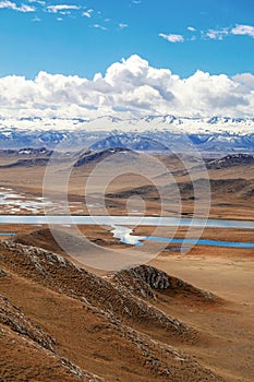 Fozen River Blue Sky Yellow Grassland in Bayanbulak  in early Spring photo