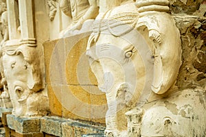 Kailasanathar temple ancient elephant statues decoration, Kanchipuram, Tondaimandalam region, Tamil Nadu, South India