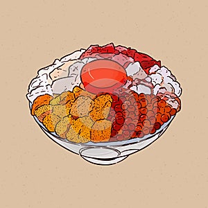 Kaisen Donburi, a bowl of rice with sashimi on top. Hand draw sketch vector