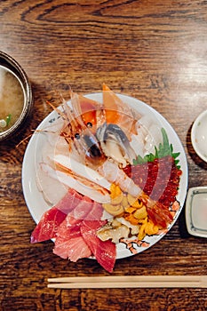 Kaisendon premium Japanese sashimi rice bowl top view shot