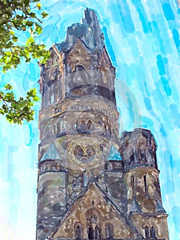 Kaiser Wilhelm Memorial Church in Berlin. Water color illustration