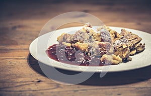 Kaiserschmarrn pancakes dessert served with plum compote