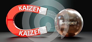 Kaizen attracts Improvement. A metaphor showing kaizen as a big magnet that attracts improvement. Cause and effect relationship