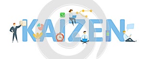 KAIZEN. Concept with people, letters and icons. Flat vector illustration. Isolated on white background.