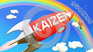 Kaizen lead to achieving success in business and life. Cartoon rocket labeled with text Kaizen, flying high in the blue sky to