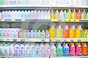 KAJANG, MALAYSIA - 28 MAY 2019: Shelves with variety of hair and bodycare products display in supermarket