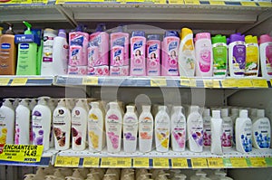 KAJANG, MALAYSIA - 28 MAY 2019: Shelves with variety of hair and bodycare products display in supermarket