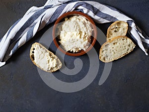 Kajmak or Kaymak. Traditional homemade white cheese. Sandwich with kajmak. Balkan cuisine. Serbian cuisine photo