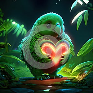 Kakapo hugging heart Illustration of a cute green monster holding a heart sign in the forest Generative AI animal ai