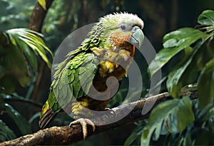 Kakapo parrot on a branch in the jungle. The beauty of wild nature