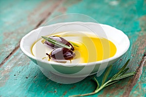 Kalamata olives in a bowl of olive oil