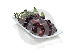 Kalamata olives in a modern white plate