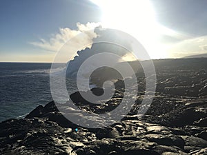 Kalapana Lava flow from volcano into ocean at KÄ«lauea Big Island Hawaii