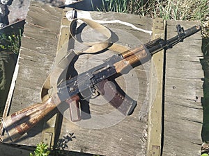 Kalashnikov AK-74 assault rifle on an ammunition box