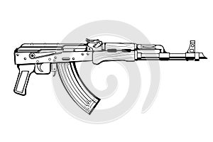 Kalashnikov rifle. Firearms. Sketch Set of Kalashnikov assault rifle AK-47, AKM, AKC, AKMC, AK-74. Firearms in combat. Assault Gun photo