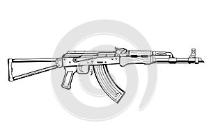 Kalashnikov rifle. Firearms. Sketch Set of Kalashnikov assault rifle AK-47, AKM, AKC, AKMC, AK-74. Firearms in combat. Assault Gun