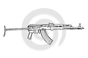 Kalashnikov rifle. Firearms. Sketch Set of Kalashnikov assault rifle AK-47, AKM, AKC, AKMC, AK-74. Firearms in combat. Assault Gun