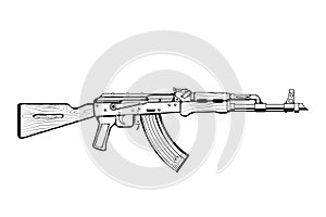 Kalashnikov rifle. Firearms. Sketch Set of Kalashnikov assault rifle AK-47, AKM, AKC, AKMC, AK-74. Firearms in combat. Assault Gun