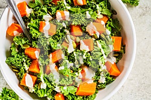 Kale and baked sweet potato salad with tahini dressing in white bowl, top view. Healthy vegan food concept