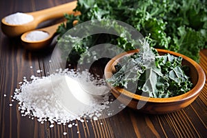 kale chips sprinkled with sea salt on a wooden table