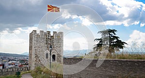 Kale forress with Macedonia national flag in Skopje, Macedonia