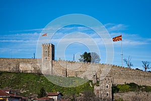 Kale fortress in Skopje and Macedonian flag in North Macedonia